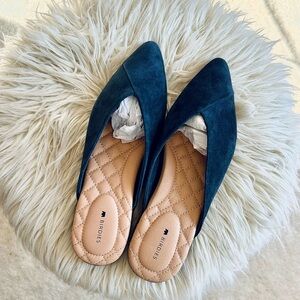 Birdies Teal Suede Pointed Toe Slip-On Flats